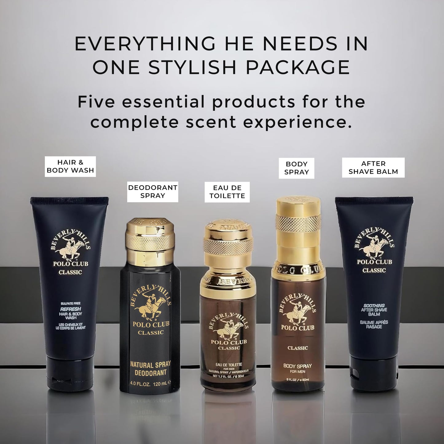 Beverly Hills Polo Club BHPC Cologne 5 Piece Gift Set for Men | Eau de Toillete, Deodorant, Shower Gel, Body Wash, Body Spray Fragrances (Classic)