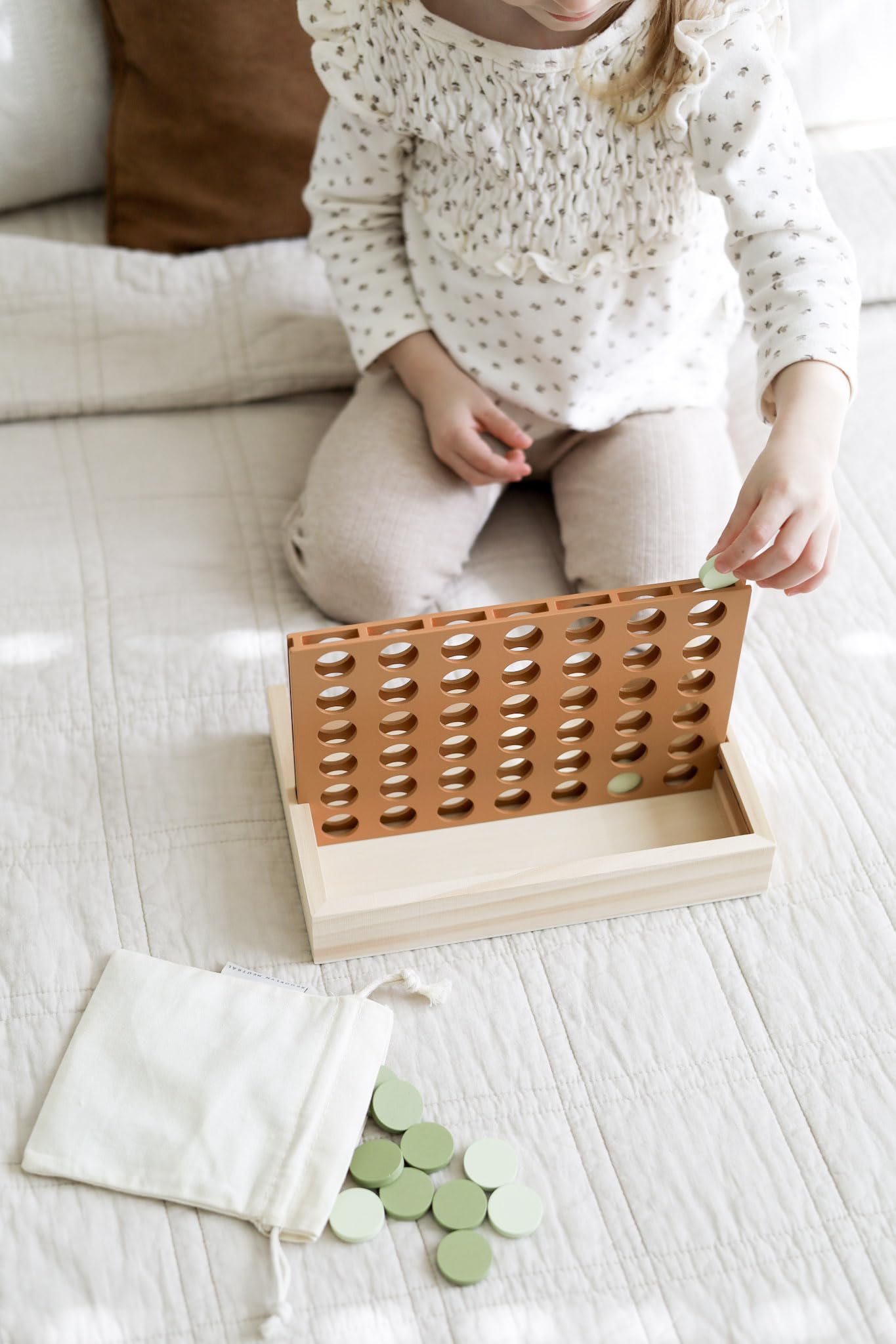 Neutral Wooden Four in a Row Game, Aesthetic Two Player Montessori Travel Board Game for Kids and Adults, Perfect Coffee Table Decor and Housewarming Gift