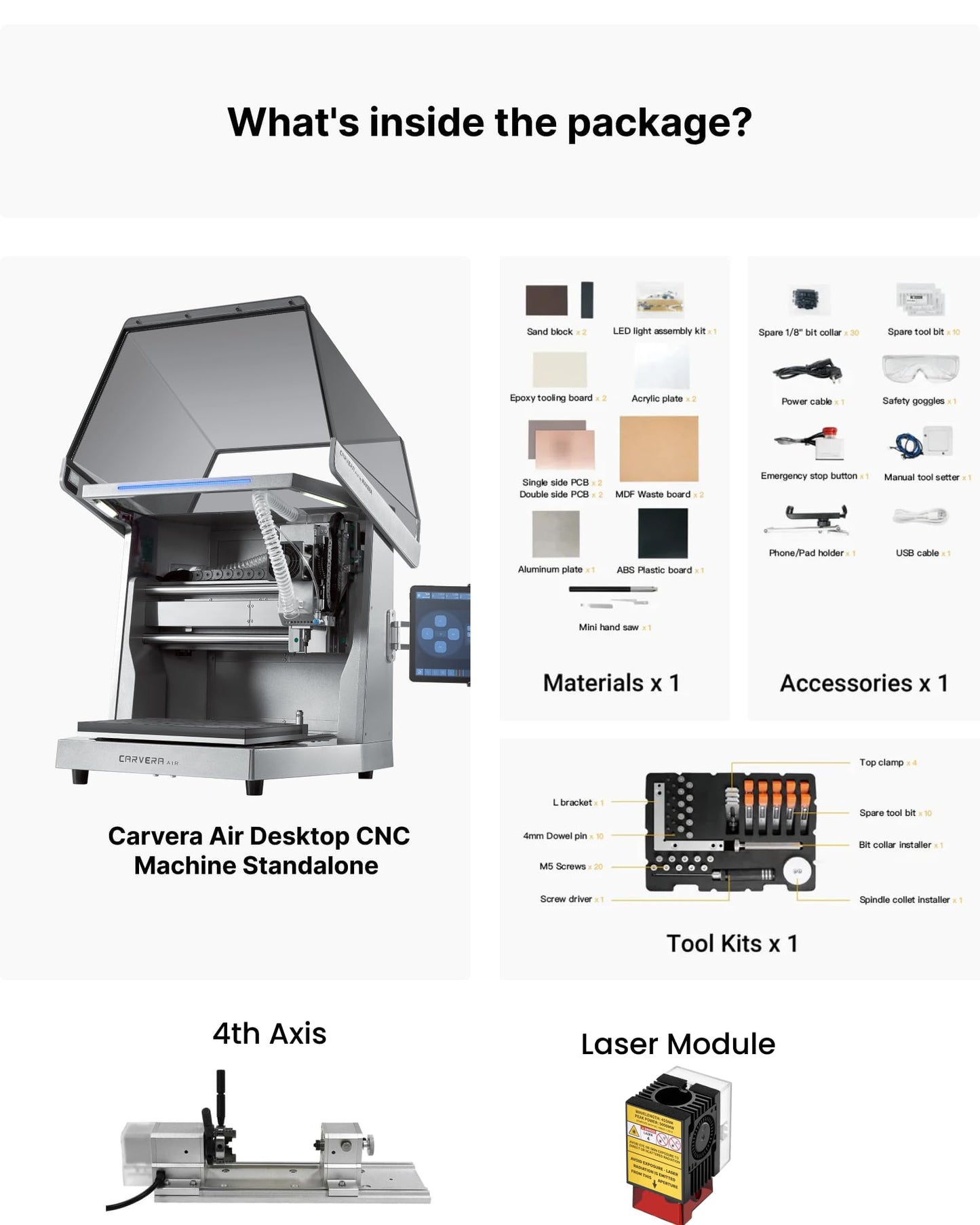 Carvera Air Desktop CNC with 4th Axis and Add-on Module, Compact Enclosed Mini CNC Mill, Quick Tool Changer Closed-Loop Control, Makera CAM, High Precision 4th Axis for DIY Makers Workshops Metal Wood