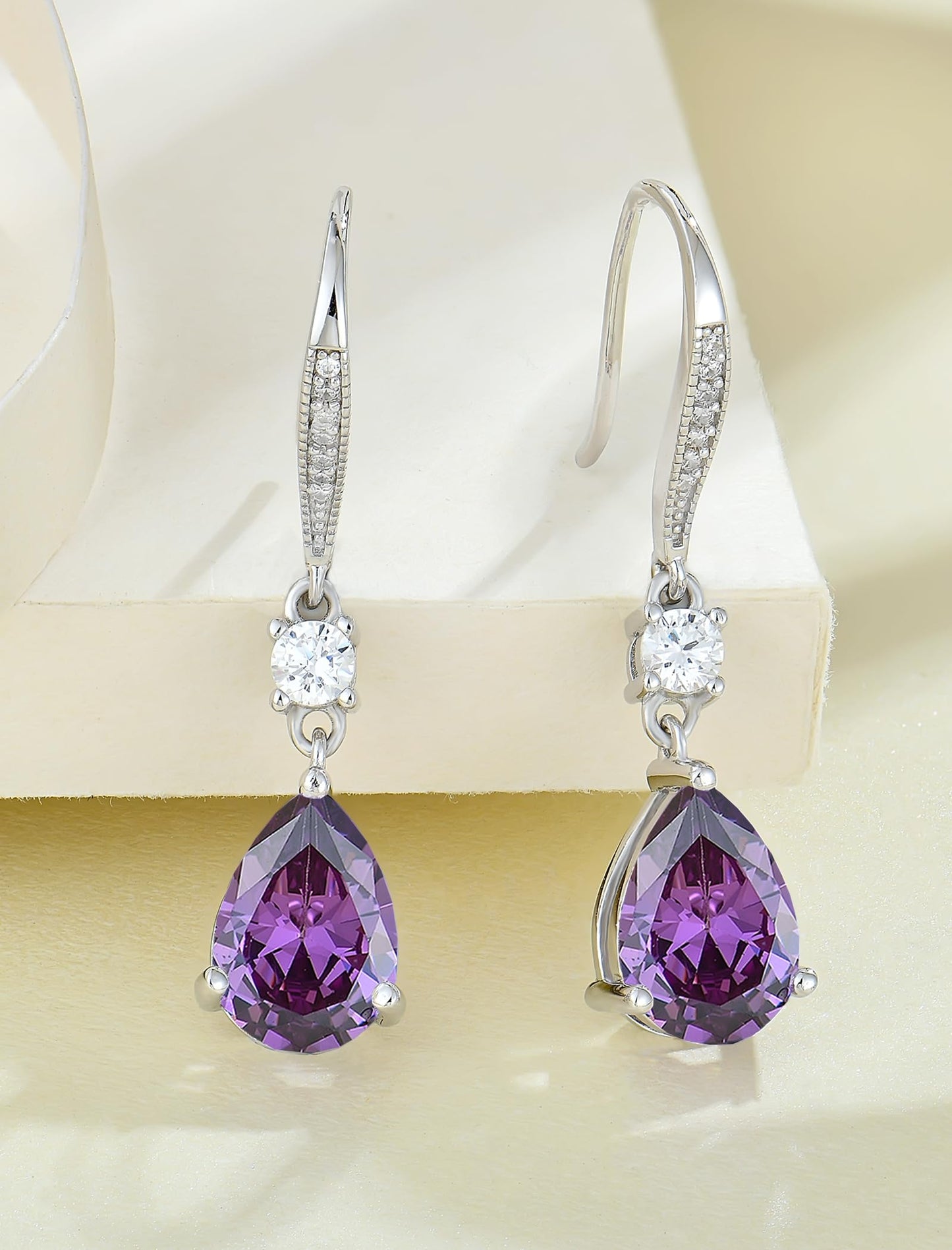 PYNZY Teardrop Dangle Drop Earrings 925 Sterling Silver Earrings with 7x10MM Created Amethyst Birthstones, Dangle Earring for Women Jewelry Gifts