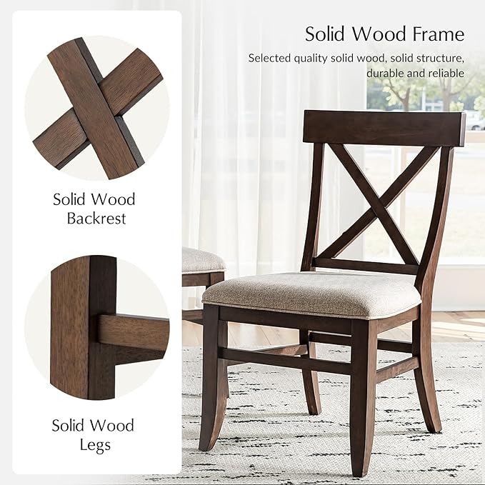 HULALA HOME Solid Wood Dining Chairs Set of 6, Walnut Farmhouse Upholstered Kitchen Dining Room Chair Mid-Century Modern Dinner Chair with Cross Back Wooden Legs for Living Room, Restaurat, Cafe