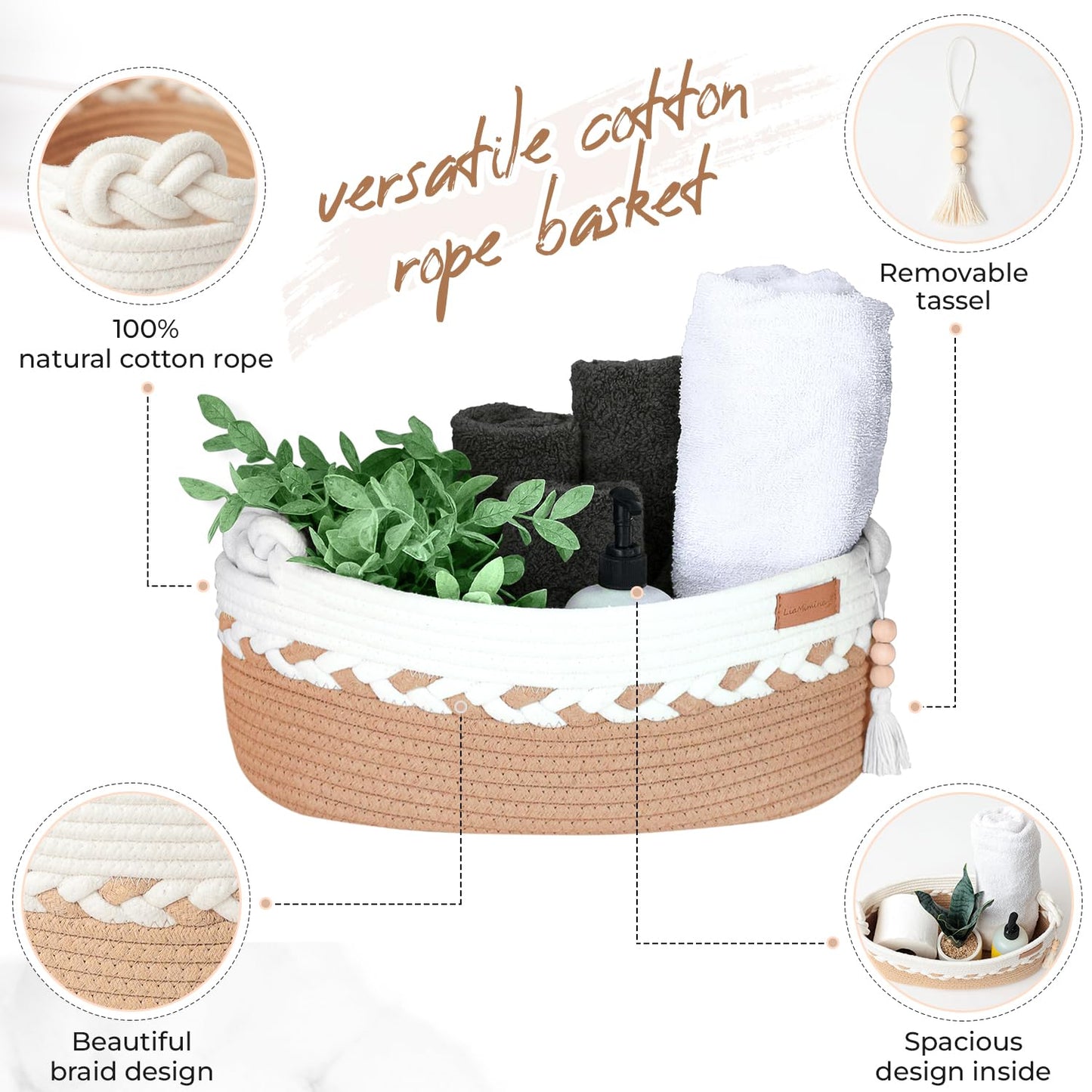 Spacious Toilet Paper Basket - 14" x 6.5" x 5" Tank Topper w/Removable Tassel - Braided Knot Handles