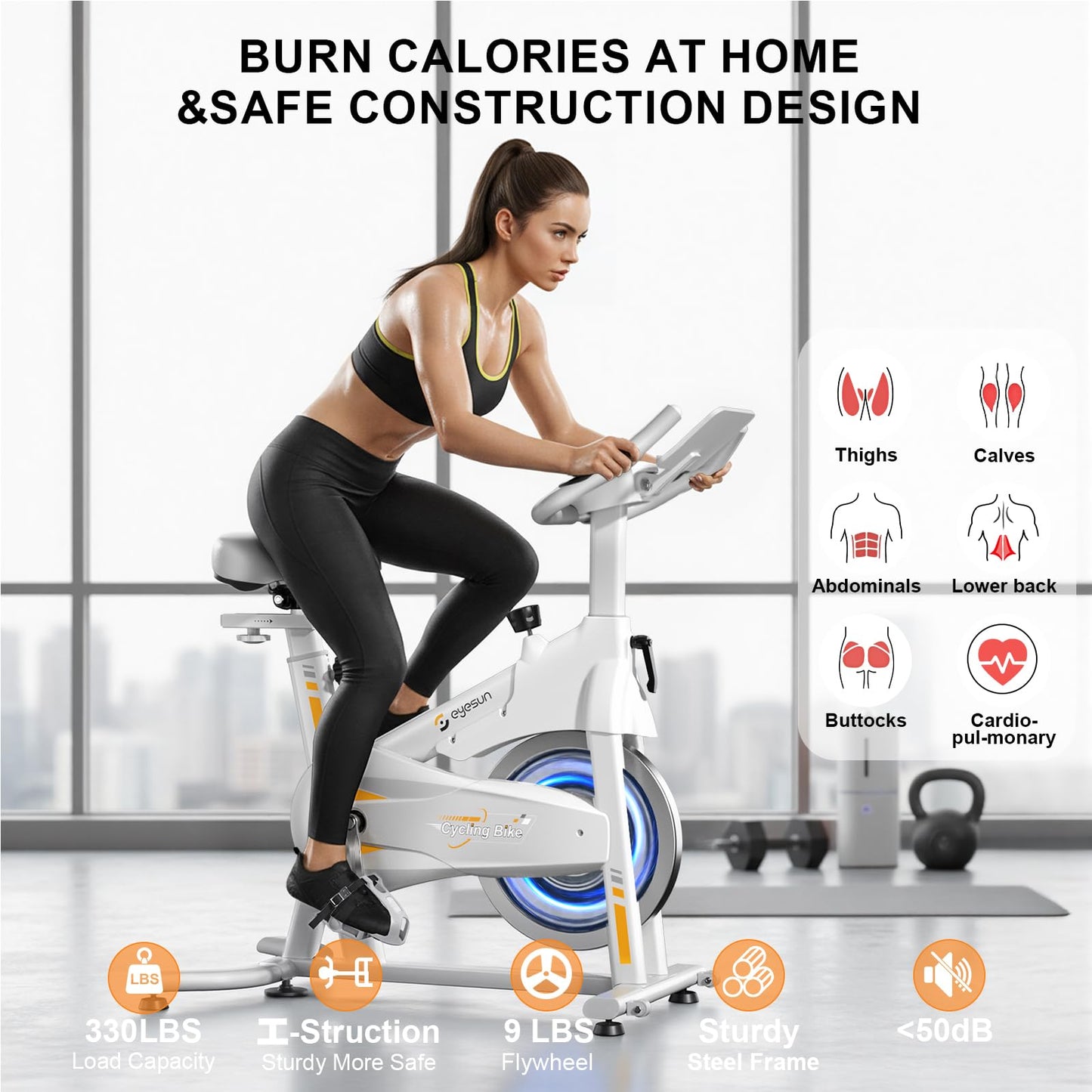 Exercise Bikes for Home,Indoor Bike with Adjustable Friction,Brake Pad Resistance Silent Belt Drive,350lbs/300lbs Weight Capacity&Upgraded Version Seat for Home Cardio&Weight Loss(QM-530W)