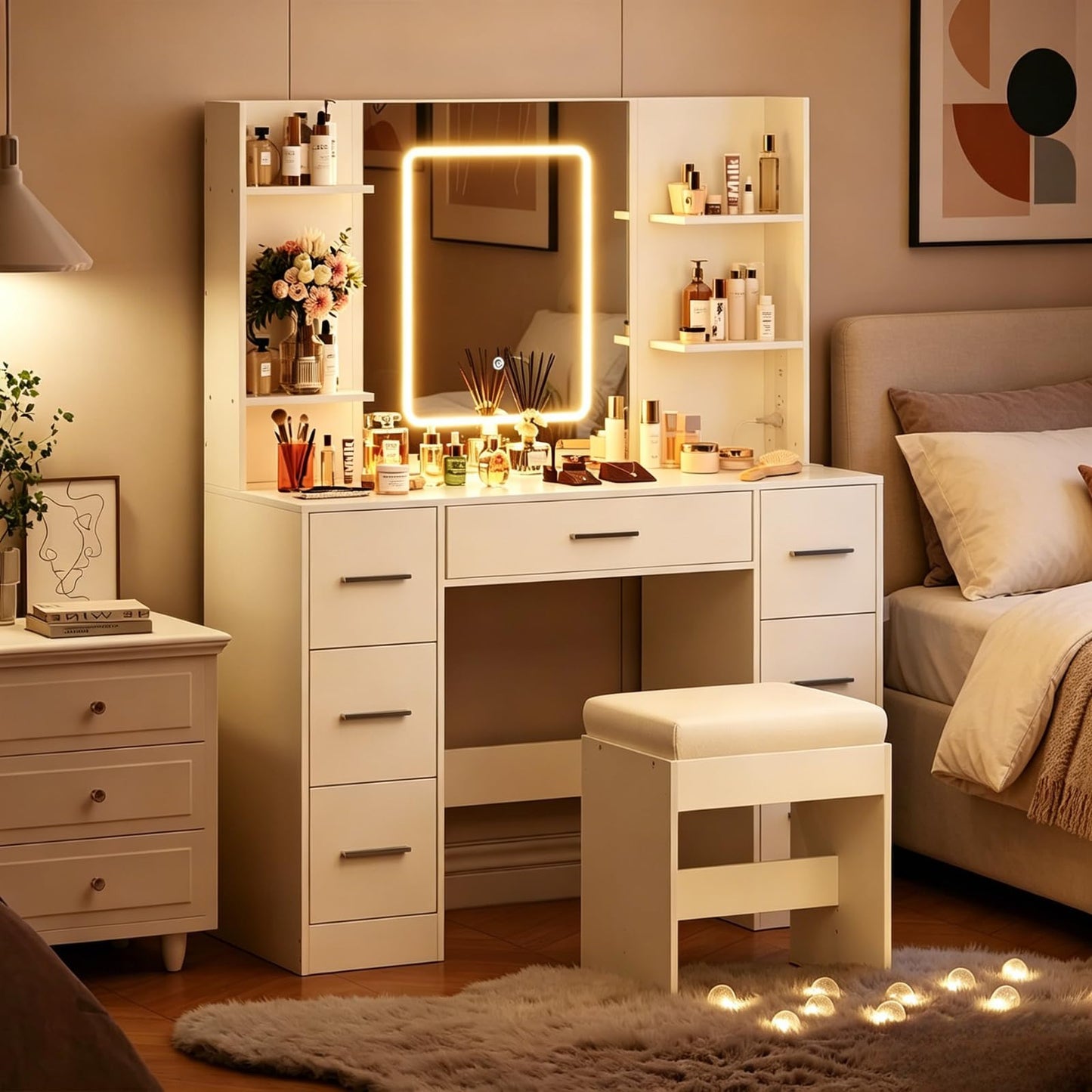 Garvee Makeup Vanity with Mirror and Chair, Power Outlet, Hairdryer Holder, 7 Drawers, 3 Lighting Modes Brightness Adjustable Dressing Table for Bedroom (White)