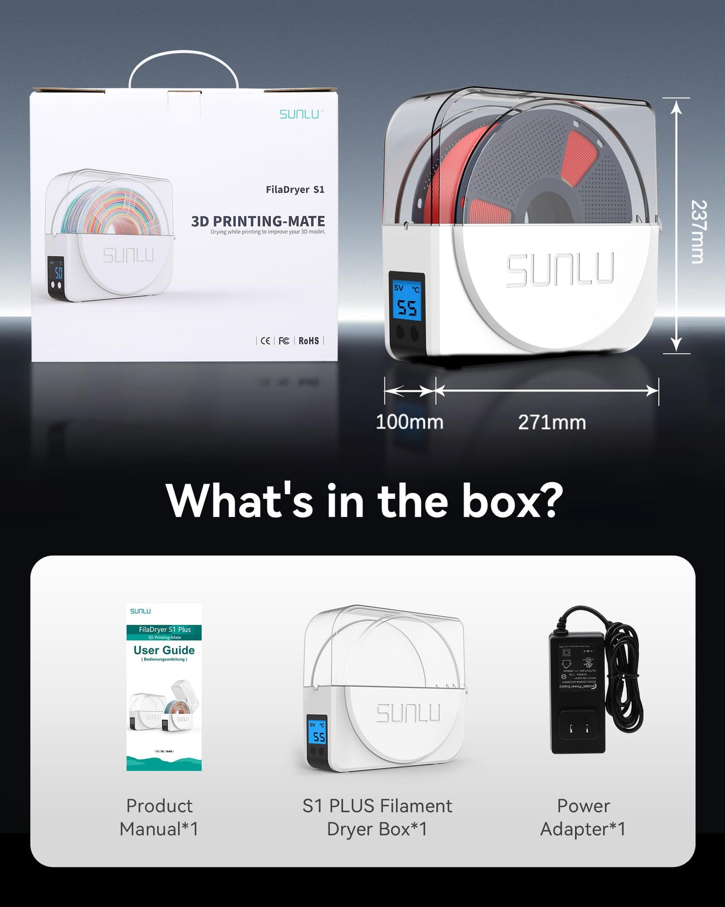 SUNLU Official Filament Dryer S1 Plus, Built-in Circulation Fan, 3D Printer Filament Drying Box and Storage Box fo PLA PETG ABS Filament 1.75 2.85 3.00mm, S1 Plus White