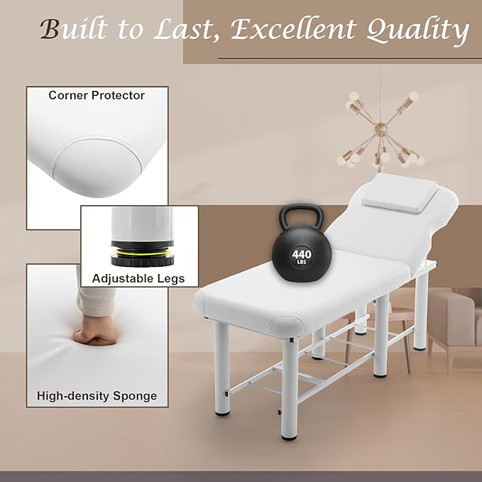 Massage Bed Stationary Professional Adjustable Massage Table Spa Bed 73"x27.5" Stationary Physical Therapy Table with Memory Foam Salon Bed w/Removable Headrest White