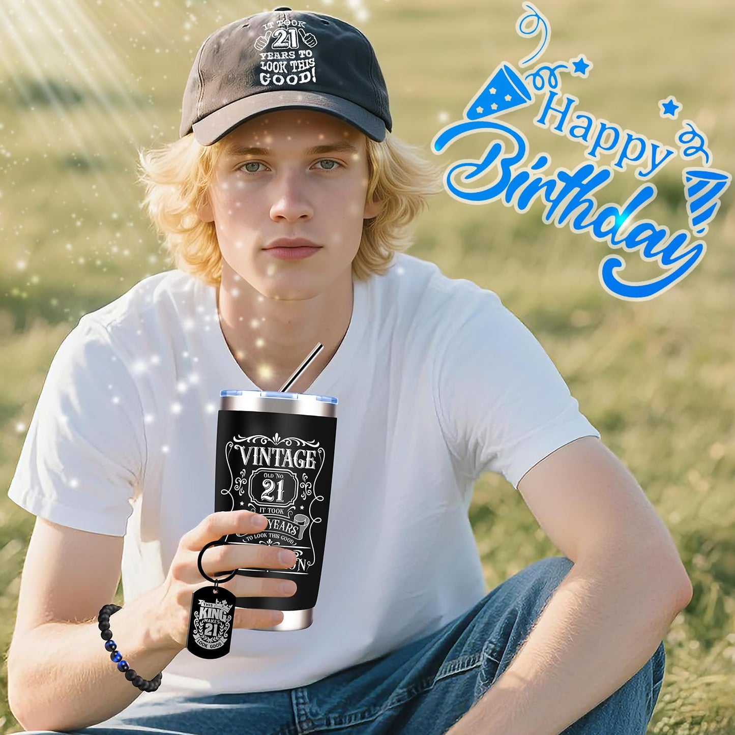 JTAMOHI 9 Pcs Happy 21th Birthday Gifts for Boys, 21 Year Old Boy Birthday Gifts with 20 Oz Tumbler, Funny Socks, Toilet Paper, Bracelet, Baseball Cap, Keychain for Son, Nephew, Grandson, Brother