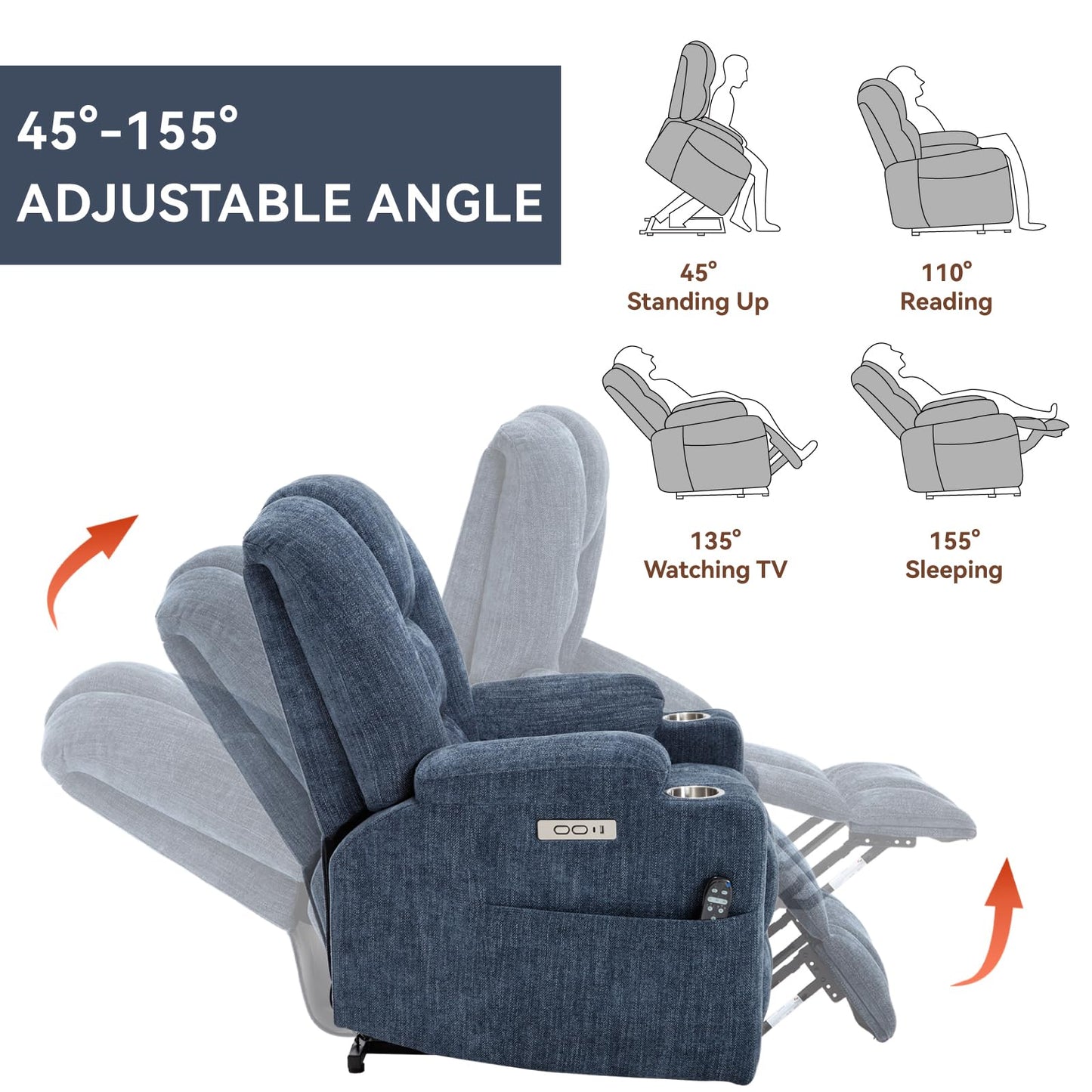 KEIKI Oversized Power Lift Recliner Chair with Heat & Massage, Reding Rocking Chair for Adult, High Seat Chenille Recliner with Side Pocket, USB Port, Cup Holder, Lumbar Support for Living Room, Blue