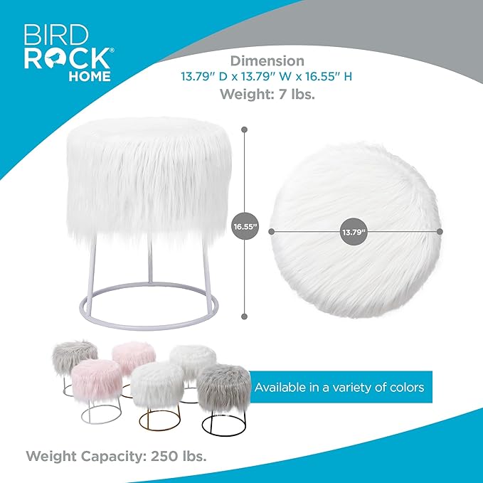 BIRDROCK HOME Round Faux Fur Foot Stool - Small Padded Ottoman w/Soft Cushion for Living Room, Bedroom, or Makeup Room - Modern Upholstered Accent Chair, Vanity Seat, Footrest for Couch/Sofa - White