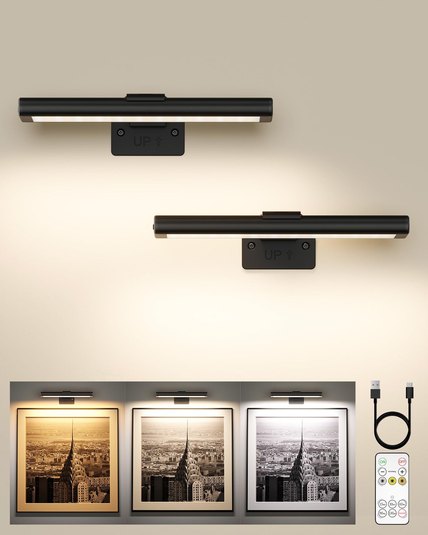 EZVALO Picture Light for Wall, Rechargeable 2400mAh Battery Lights Wireless Remote, 3 Color & Dimmable Magnetic 8'' LED Lights Display for Painting, Living Room, Gallery, Bedroom, Dashboard(Black-2P)