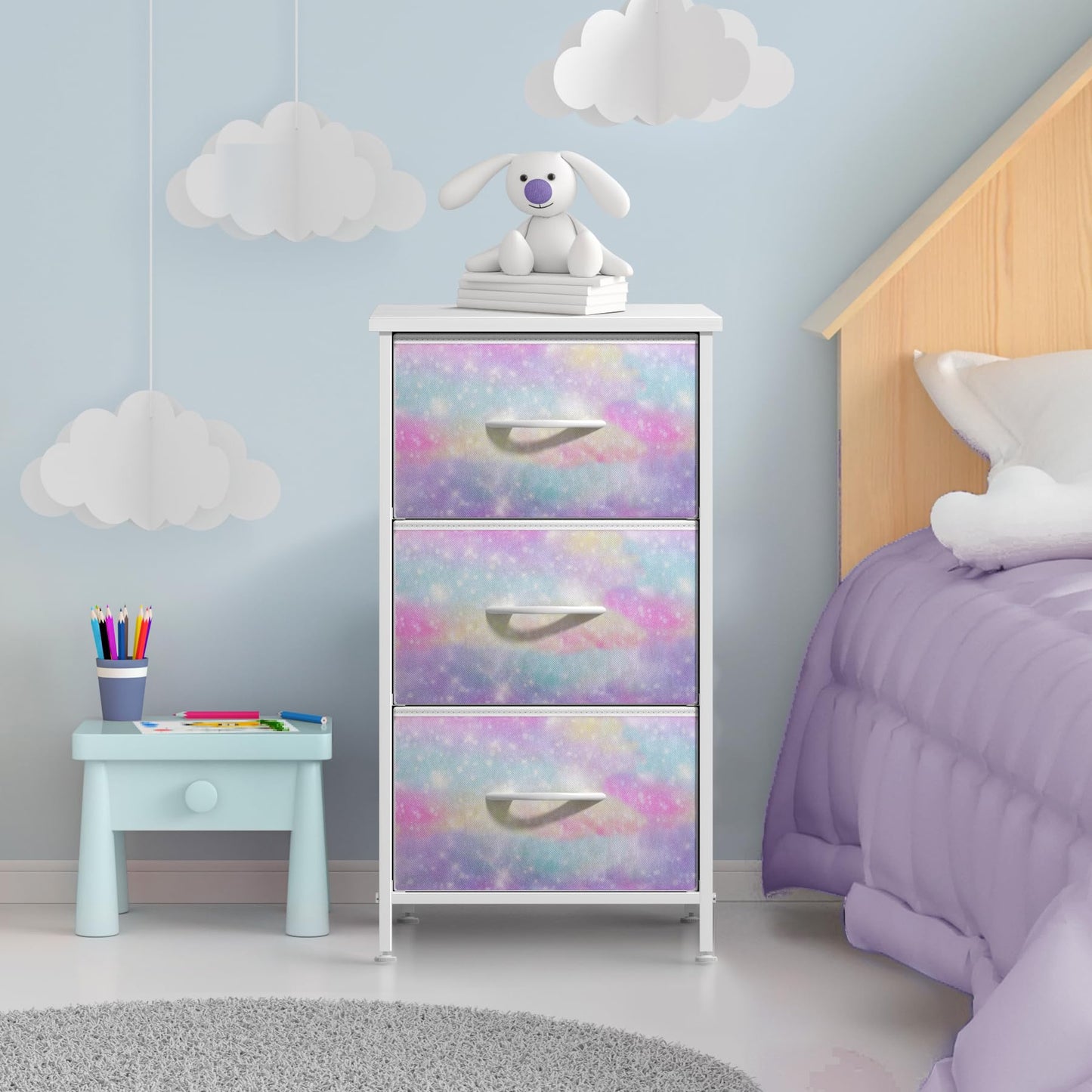 Sorbus Kids Dresser with 3 Drawers - Storage Chest Organizer Nightstand - Steel Frame, Wood Top, Tie-Dye Fabric Bins for Clothes - Wide Furniture for Bedroom, Hallway, Nursery, Closet, & Apartment