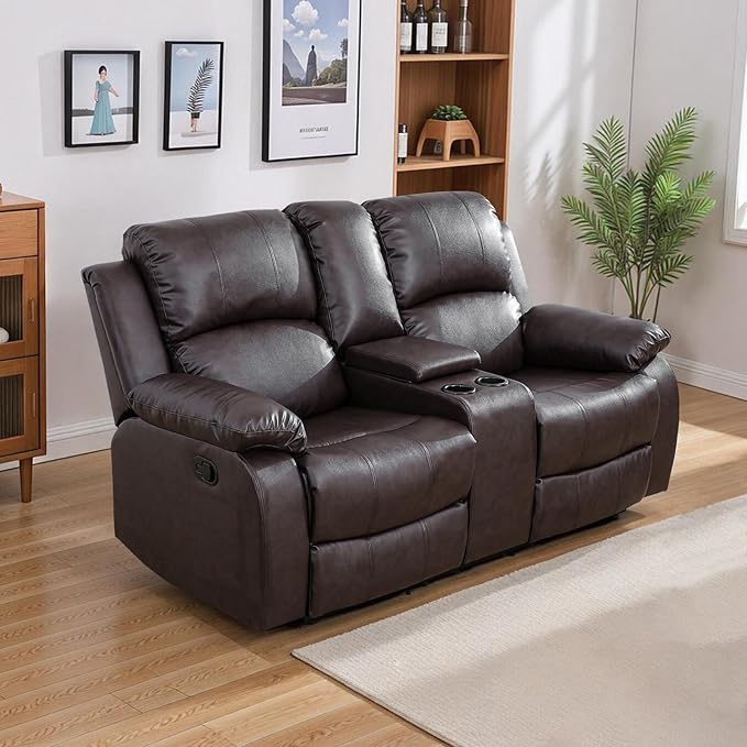 JBXBER Manual Recliner Sofa Set for Living Room, Leather Reclining Sofa Sets, Faux Leather Couch Set with Cup Holders, Drop-Down Table and Storage Console(Loveseat,Brown)
