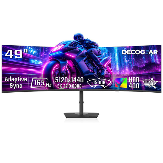 Deco Gear 49" Curved Ultrawide DQHD Monitor, 5120×1440 165Hz 1500R, USB-C 65W KVM, HDR Adaptive Sync, Dual HDMI 2.1, DP 1.4, Speakers, Ergonomic, American Seller