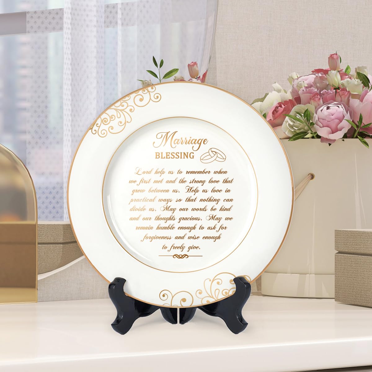 Urllinz Anniversary Wedding Gifts for Couples 2025 - Marriage Blessing Plate with 24k Gold Foil Decorations, Engagement Bridal Shower Birthday Gifts for Wife Husband, Ceramic 9"