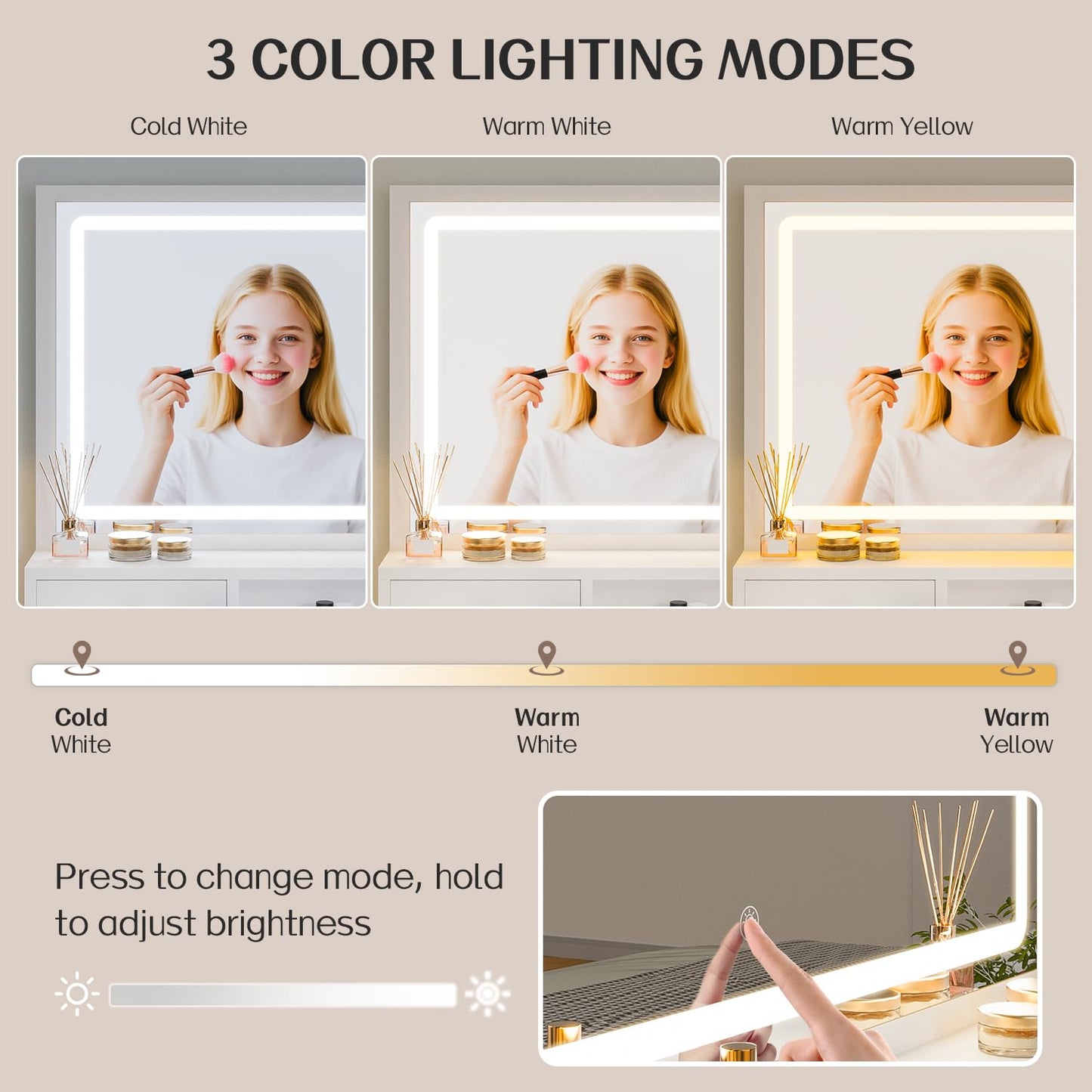 Haewon White Makeup Vanity with Lighted Mirror and Charging Station, Vanity Table Set with Adjustable Lighting, 4 Drawers, Storage Chair for Bedroom