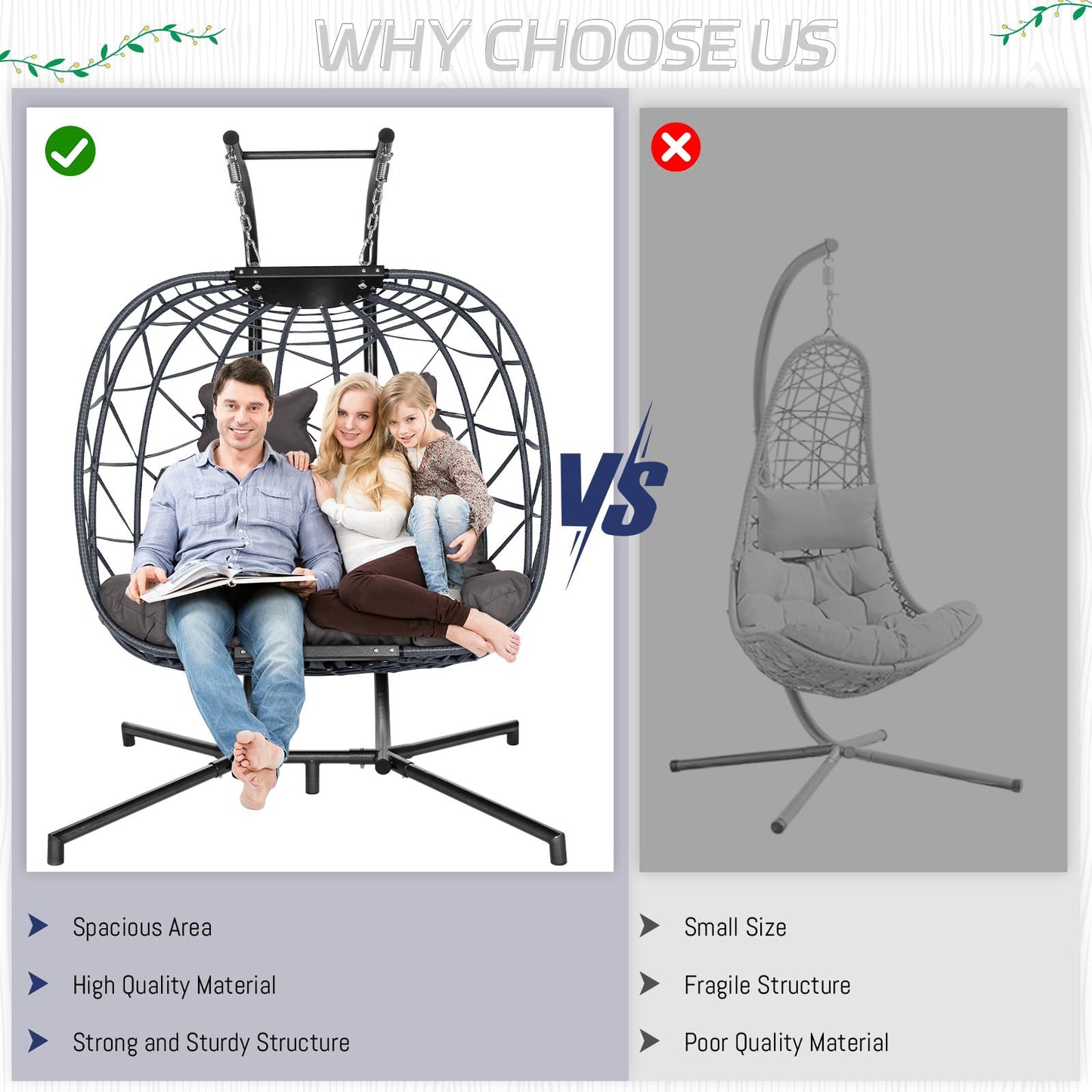 BLUEXYARD Extra Large Double Hanging Egg Chair with Stand, 2 Person Outdoor Indoor Swing Chair, 700 Lbs Heavy‑Duty Wicker Hammock Loveseat with Cushion for Patio Balcony Backyard, Dark Gray