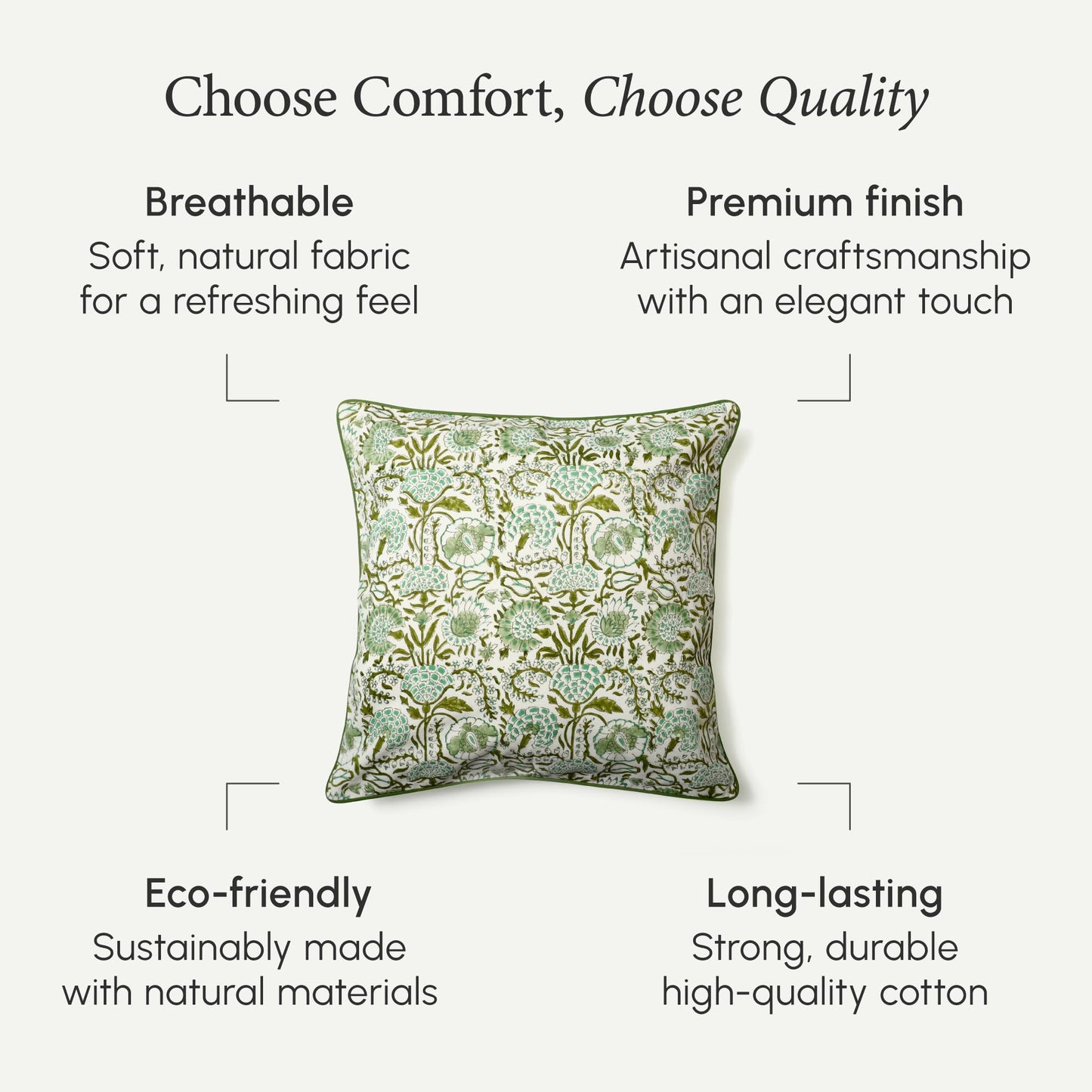 CPC 100% Cotton Throw Pillow Covers 20x20 Inch, Set of 2 Green Block Print Pattern Couch Pillow, Cute Boho Decorative Pillows for Living Room, Bedroom with Hidden Zipper- Agate Green