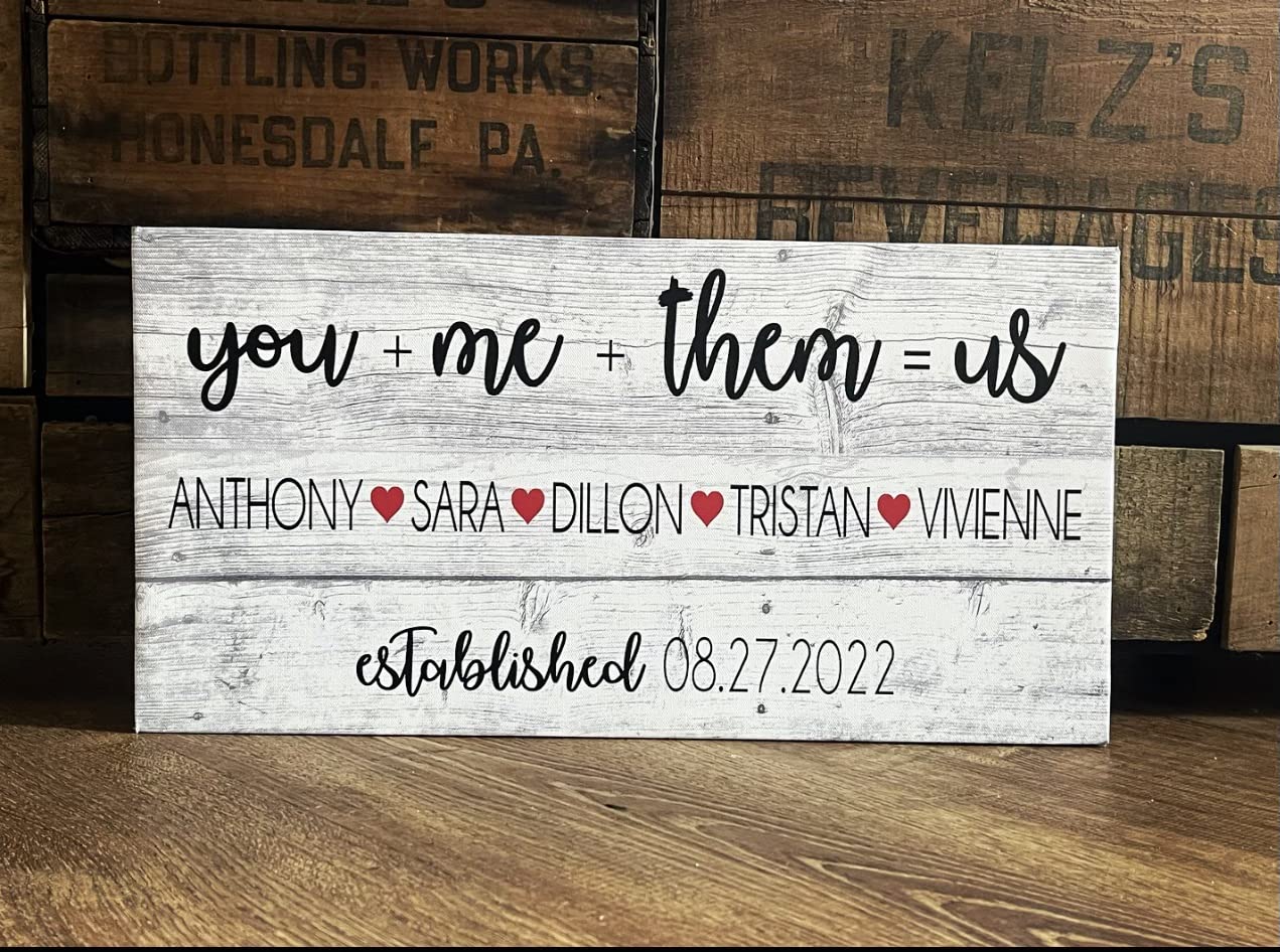 Blended Family, Wedding Gift, You + Me + Them = Us, PERSONALIZE, PERFECT Anniversary Gift or Welcome Sign, Rustic Canvas, Marriage