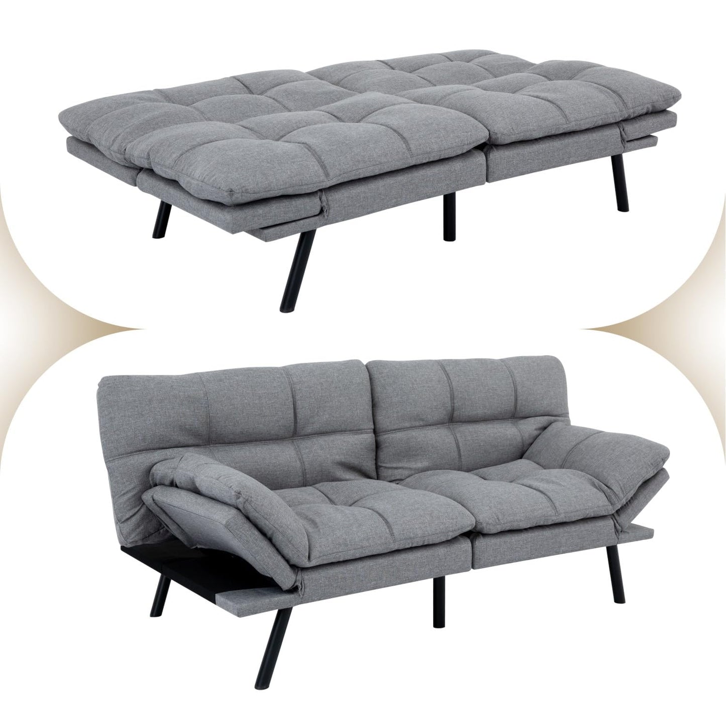Opoiar 71" Convertible Futon Sofa Bed & Sleeper Couch - Memory Foam Loveseat Sofa with Adjustable Backrest/Armrest for Small Space, Apartment, Living Room - Medium Grey