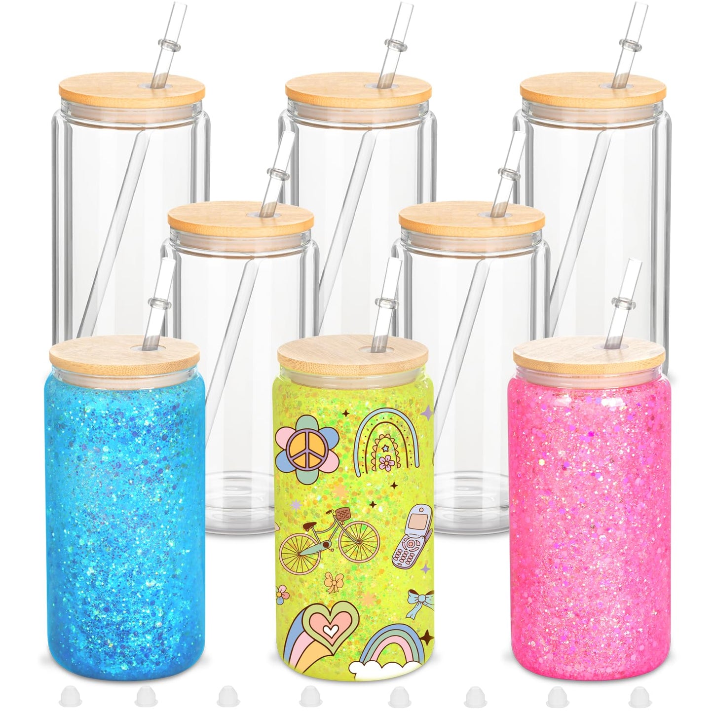 Micellwuu 8 Pack 16 Oz Sublimation Snow Globe Tumbler, Snow Globe Cups with Pre Drilled Hole, Double Wall Beer Can Glass Mason Jar Mug with Bamboo Lids and Straws for Snowglobe DIY