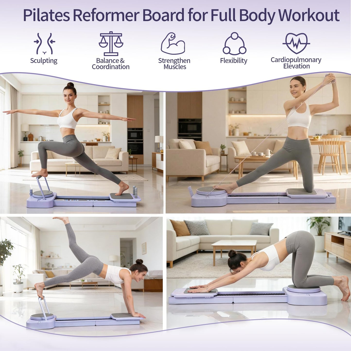 Lerpio Pilates Reformer Board with 3 Adjustable Resistance, 60'' Foldable & Portable Pilates Machine for Home Use, Tool-Free Assembly, Includes Storage Box and 3 Yoga Socks (Purple)