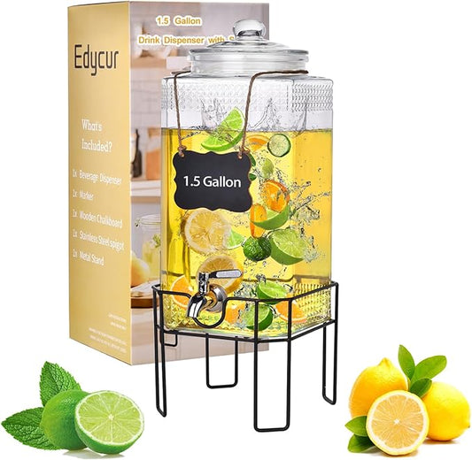 1.5 Gallon Glass Drink Dispenser, Drink Dispensers for Parties, Beverage Dispenser with Stand and Glass Lid, 100% Leakproo...