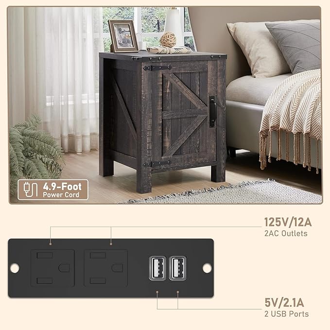 OKD Farmhouse Nightstand Set of 2, 18 Inch Rustic End Table with Charging Station, Barn Door, Adjustable Storage Shelf, Wood Sofa Side Table for Living Room, Bedroom, Dark Rustic Oak
