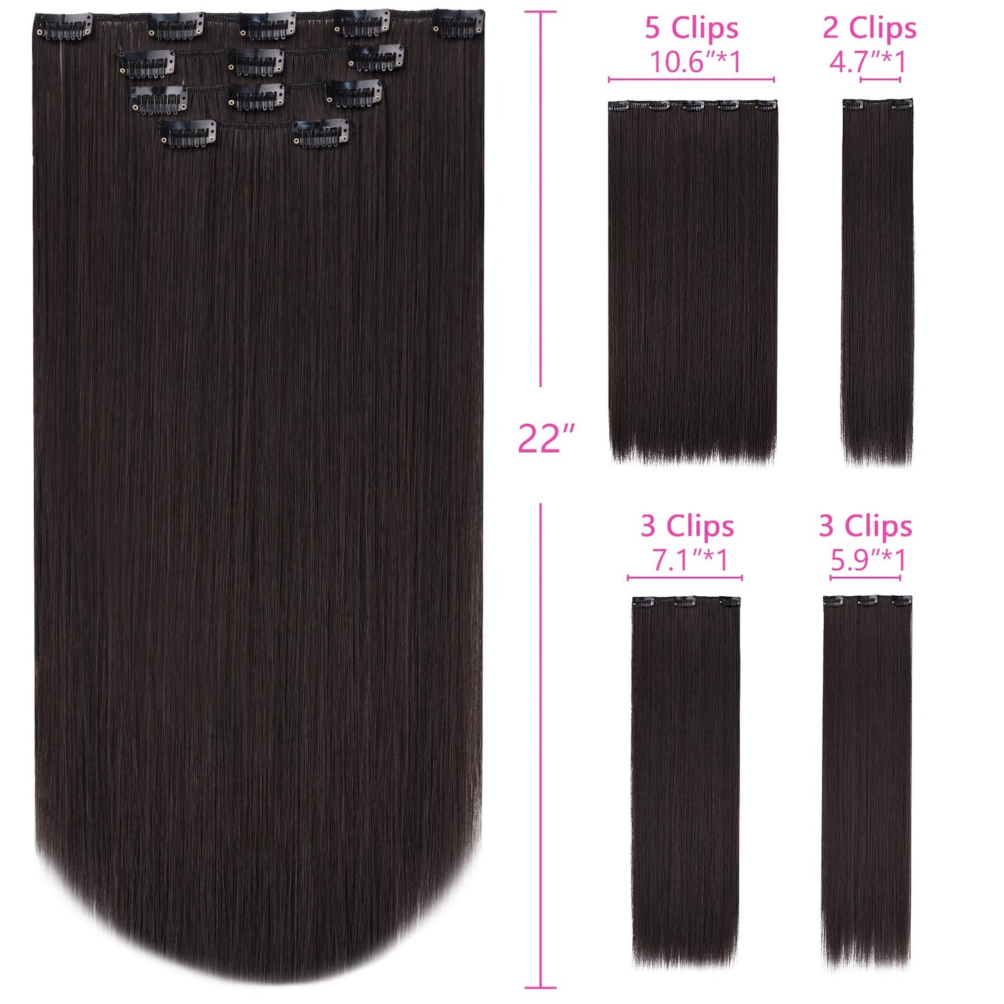 SYXLCYGG Dark Brown Hair Extensions Synthetic 4pcs Clip Hair Extension 22 5.5 Oz Straight Cheap Hair Piece Women Natural Fluffy&