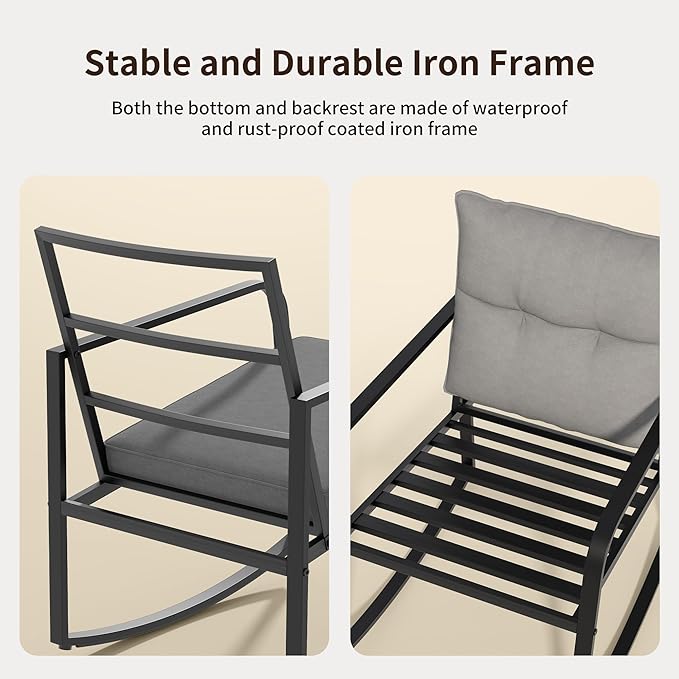 Gizoon 3 Piece Rocking Bistro Set, Black Steel Patio Furniture, Porch Chairs Conversation Set with Glass Coffee Table, Back Cushion, for Balcony, Garden, Deck, Backyard, Grey