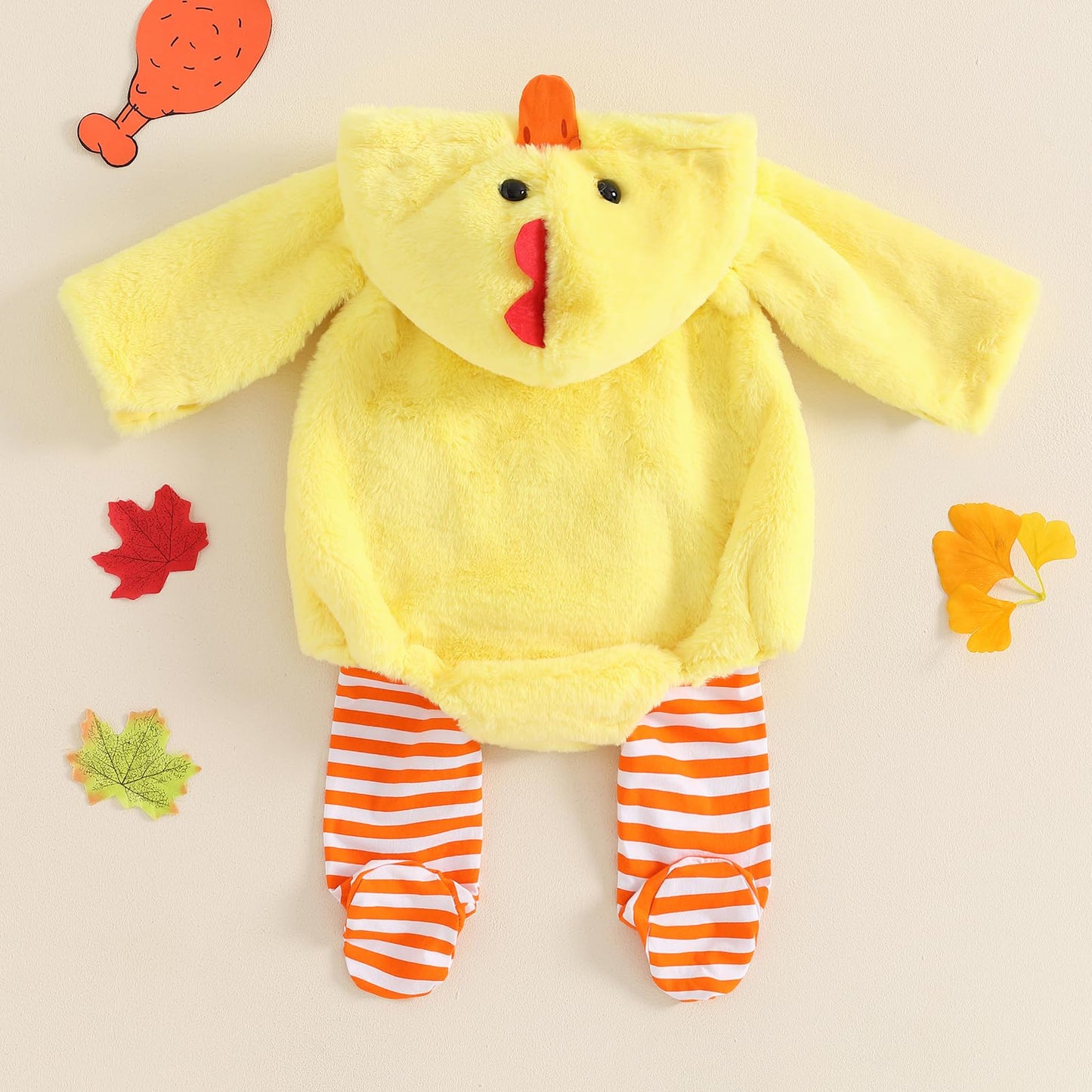 Twopumpkin Baby Chick Halloween Costumes Cute Infant Toddler Girl Boy Duck Costume Cape Sleeve Fuzzy Romper+Striped Leggings (Hooded Chicken 2pcs Yellow, 12-18 Months)