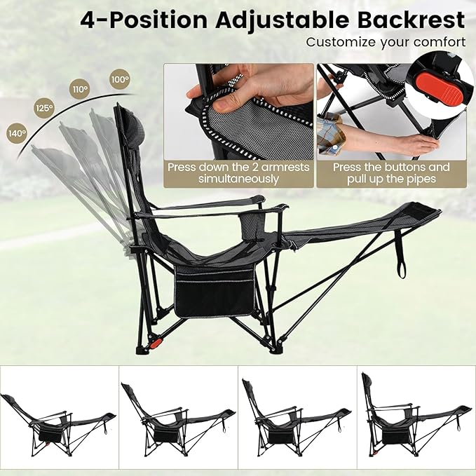GYMAX Reclining Camping Chairs with Footrest, Lightweight Foldable Camping Chairs with Cup Holders, Adjustable Backrest, Headrest, Heavy Duty Camp Chair for Adult Outdoor Fishing Beach (Grey,1)