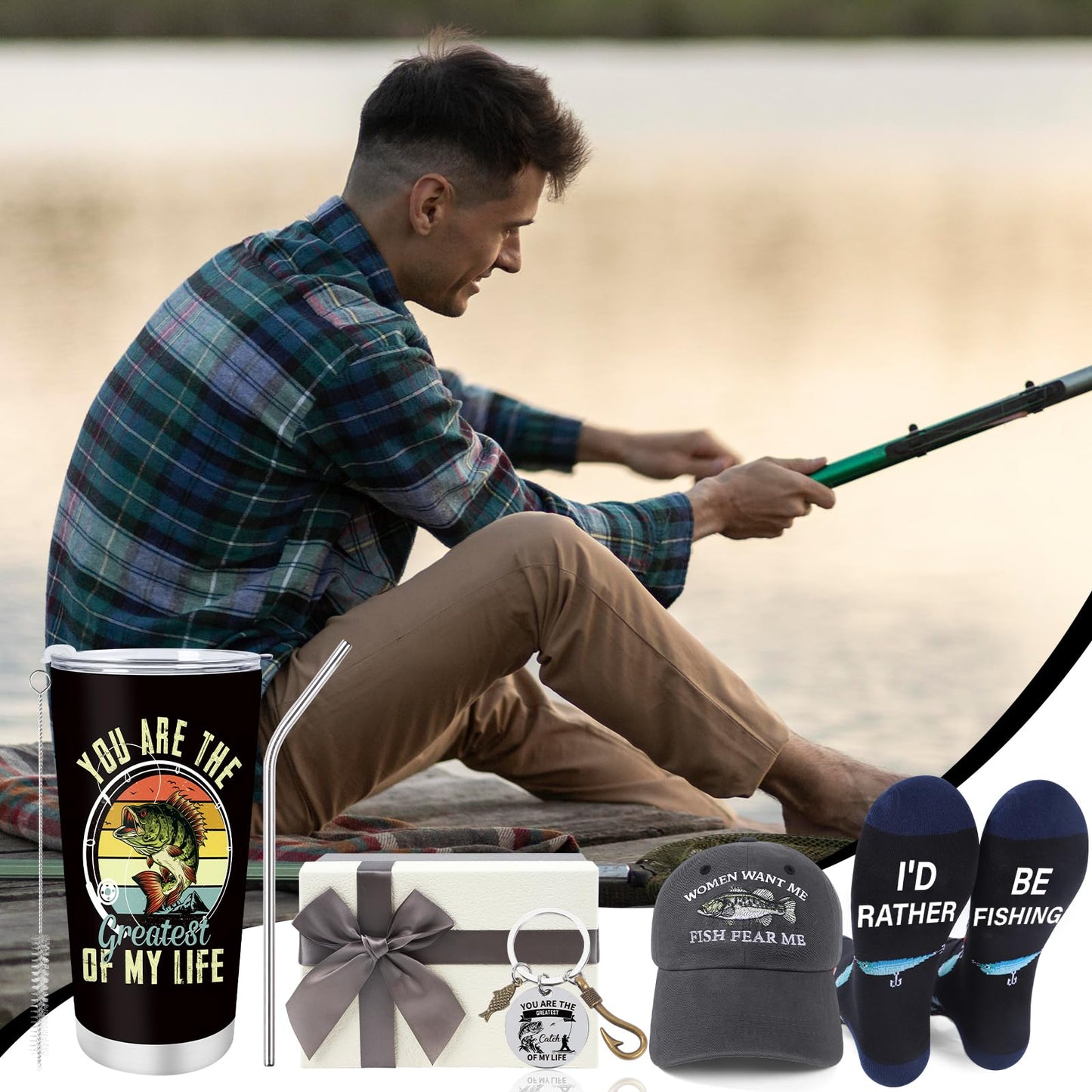 Keluna Fishing Gifts for Men - 4Pcs Fishing Gifts Set, 20oz Fish Tumbler Socks Cap Keychain, Fisherman Father's Day Birthday Christmas Retirement Presents for Dad Grandpa Husband Brother Boyfriend