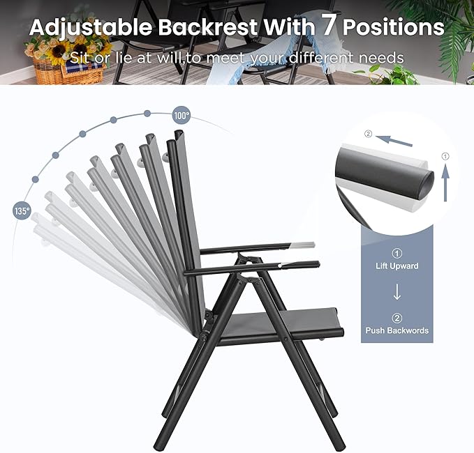 PHI VILLA Patio Folding Chairs Set of 4, Portable Outdoor Dining Chairs with Adjustable Backrest for Outside, Garden, Lawn & Yard, No Assembly, Grey