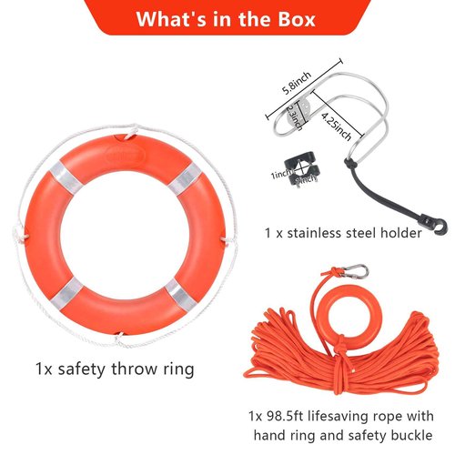 Life Preserver Ring, 23 Inch Life Ring with Horseshoe Bracket Orange, Boat Safety Throw Rings with Rope 98.5 FT Water Floating Lifesaving Rope and Reflective Tape for Boat
