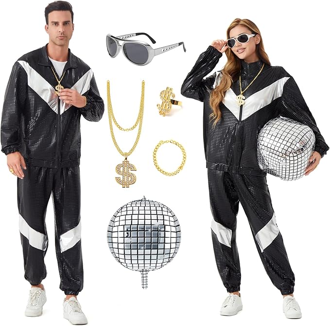 Ezuwail Disco Costume for Men Women – 70s 80s 90s Outfits Retro Party Tracksuit, Couples Disco Costumes Halloween Outfit