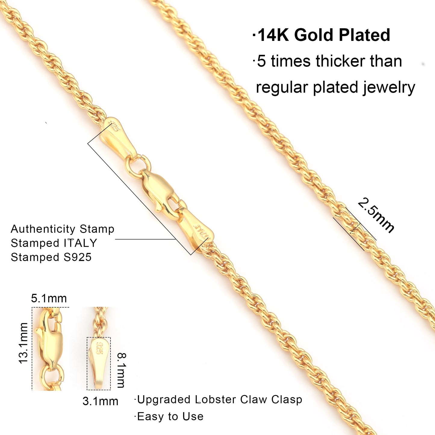 Waitsoul 925 Sterling Silver Rope Chain Lobster Clasp 2.5mm Gold Plated Chain Necklace for Men Women Necklace Chain 18 Inch