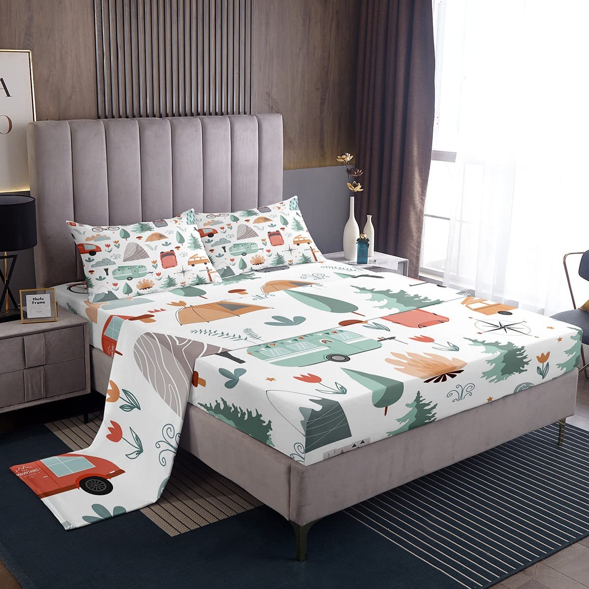 Kids Camper Theme Bed Sheets Set Full 4Pcs, Happy Camping Bedding Set, Travel Car Rv Accessories Sheets, Botanical Flowers Mountain Adventure Top Sheet, Cute Camper Flat Fitted Sheet Bedroom Decor