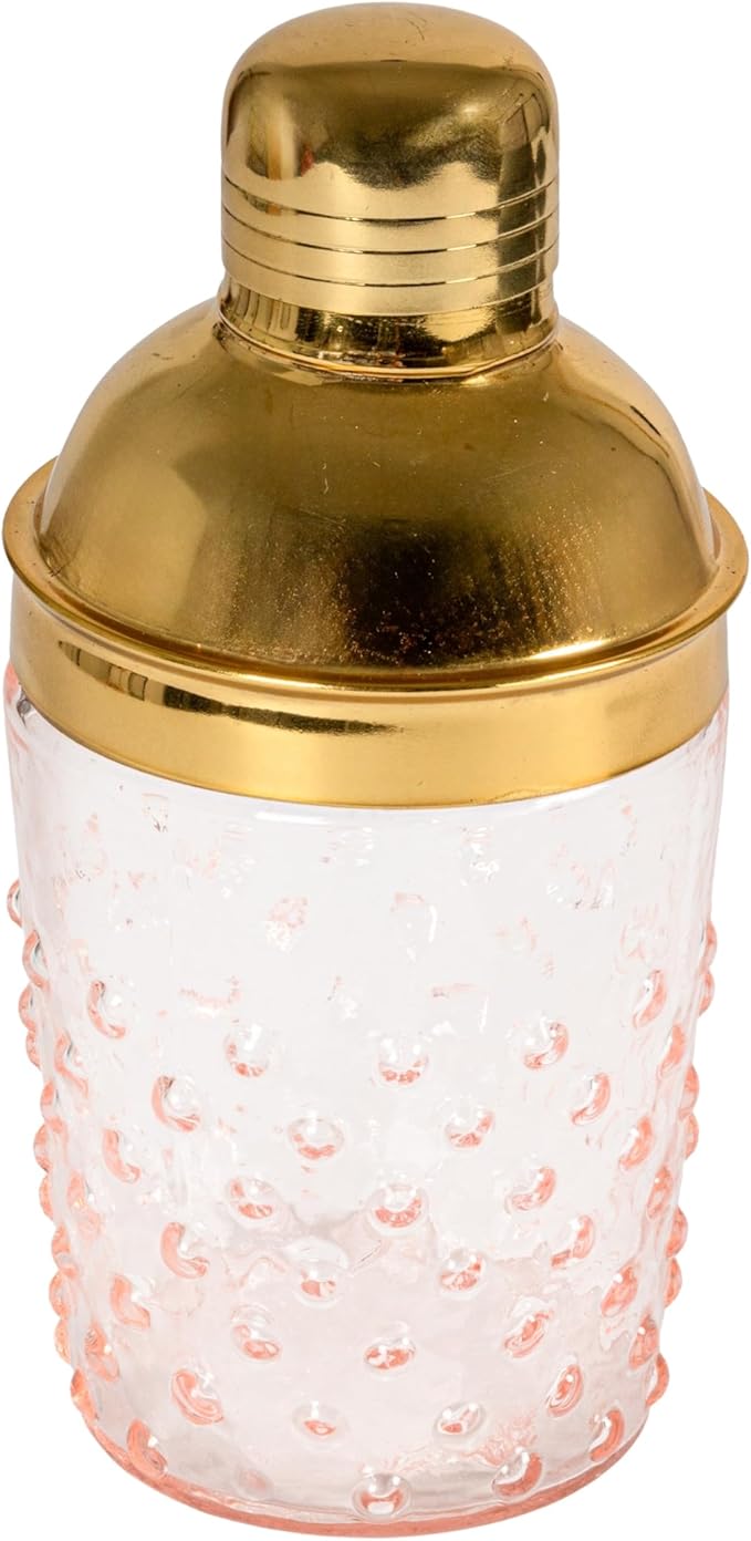 Creative Co-Op Hand-Blown Glass and Stainless Steel Hobnail Cocktail Shaker, Pink and Gold