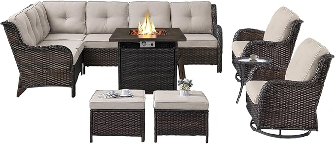 Belord Outdoor Sectional Furniture Sofa Set with Propane Fire Pit Table, Wicker Patio Conversation Set with 2 Swivel Rocker Glider Chairs Beige Cushion Perfect for Backyard Casual Gathering