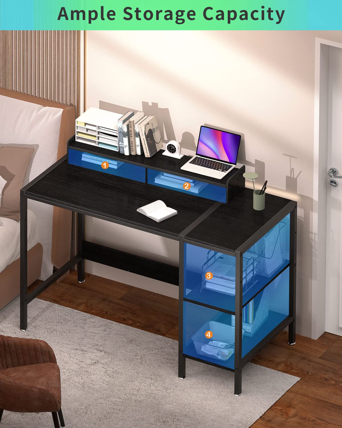 MINOSYS Computer Desk - 47” Gaming Desk, Home Office Desk with Storage, Small Table with Monitor Stand, Storage Space-Savor, Modern Table, Black