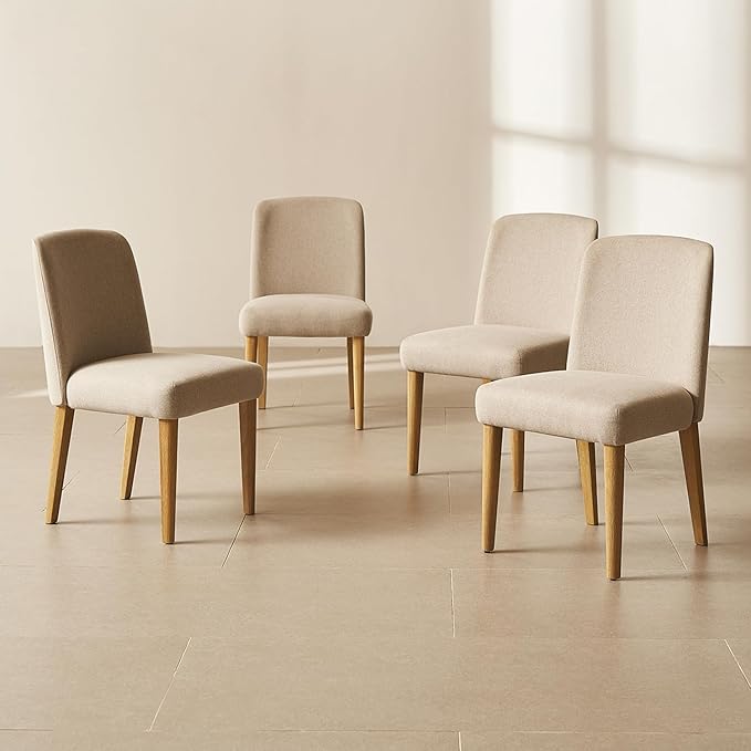 mopio Logan Upholstered Beige Parson Dining Chair Set of 4, Modern Farmhouse Solid Light Oak Wood with Ergonomic Curved Back Rest for Dining Room and Kitchen