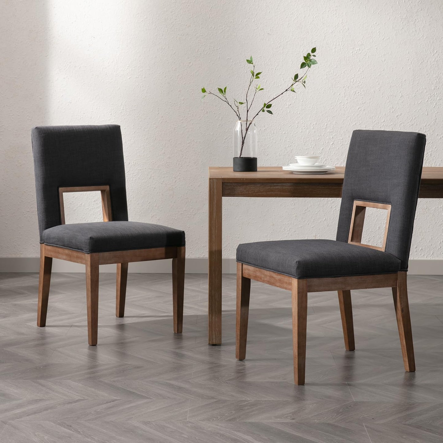 Janoray Farmhouse Dining Chairs Set of 2, Linen Upholstered Solid Wood Chair with Highback, Comfy Accent Side Chair for Kitchen & Dining Room/Living Room/Restaurant,Dark Grey