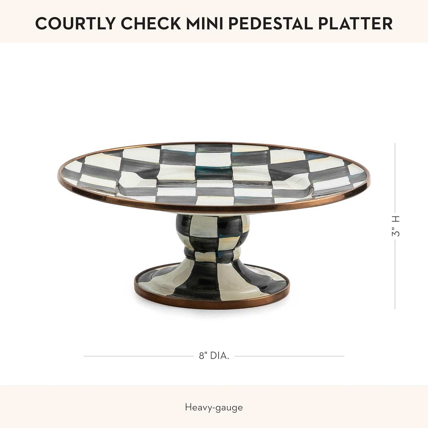 MACKENZIE-CHILDS Enamel Pedestal Serving Platter, Decorative Serving Dish for Food, Mini, Black-and-White Courtly Check