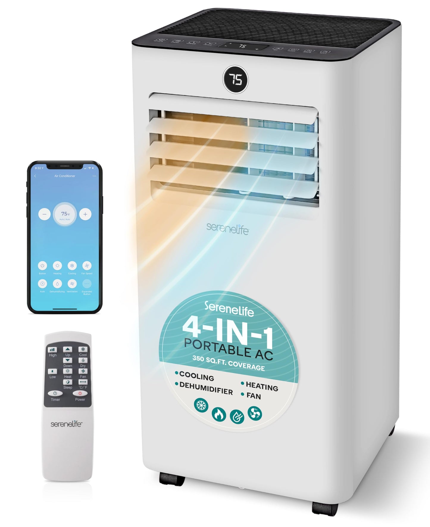 SereneLife 10,000 BTU Portable Air Conditioner and Heater, Small AC with Dehumidifier and Fan, Wifi Function, Mini AC Unit with 450 Sq. Ft. Coverage, Includes Remote Control and Window Mount Kit