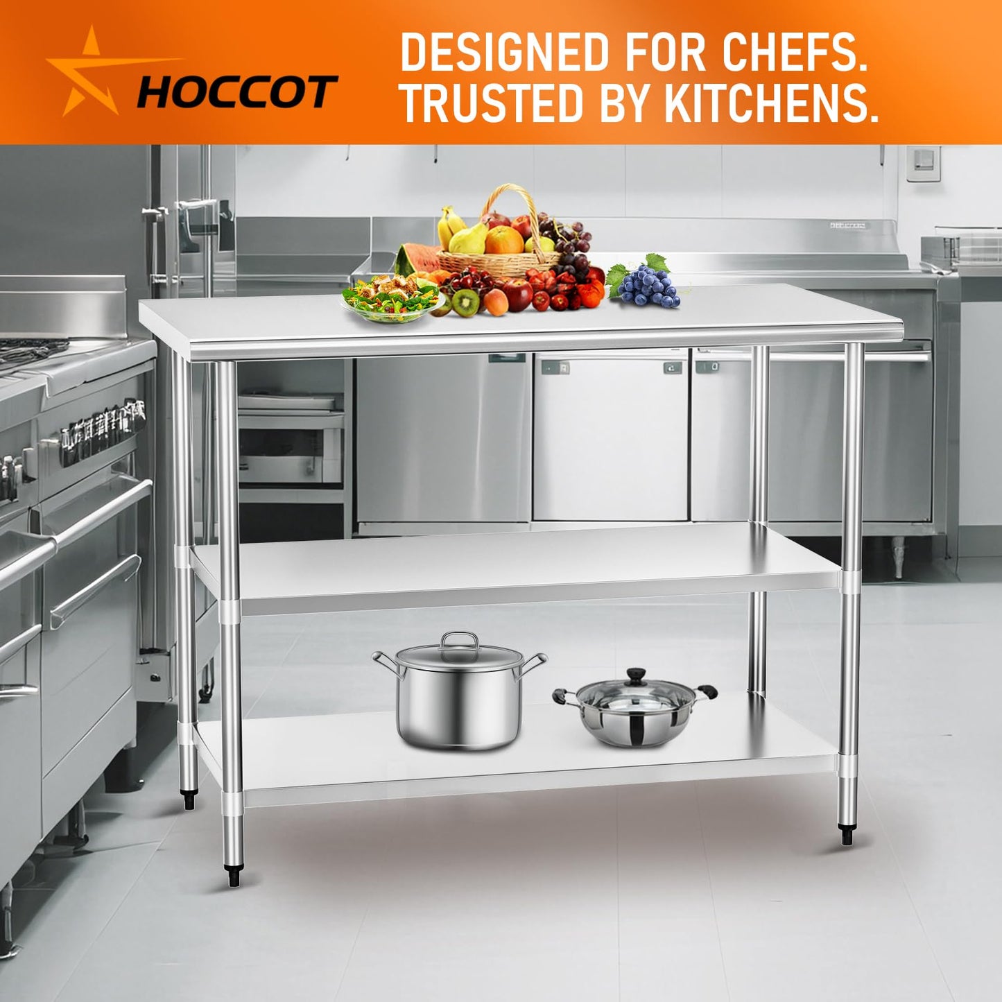 HOCCOT Stainless Steel Table for Food Prep & Work 24 x 60 inches with 2 Adjustable Undershelves, Commercial Workstation in Kitchen, Garage, Outdoor BBQ