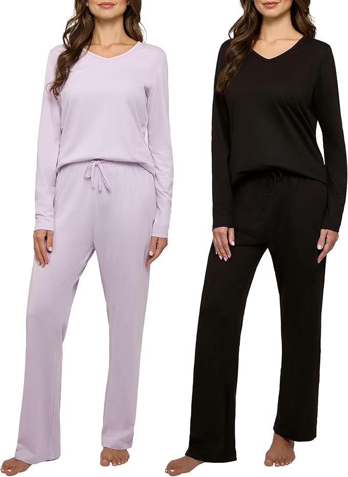 Real Essentials 2 Pack Women's Soft Cotton Long Sleeve Pajama Set with Pants - Lounge Sets for Women (Available In Plus)