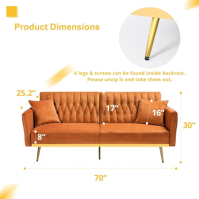 ACMEASE 70” Velvet Futon Sofa Bed w/Adjustable Armrests & 2 Pillows, Convertible Futon Couch w/Adjustable Backrests, Modern Sleeper Bed for Living Room, Bedroom, Orange