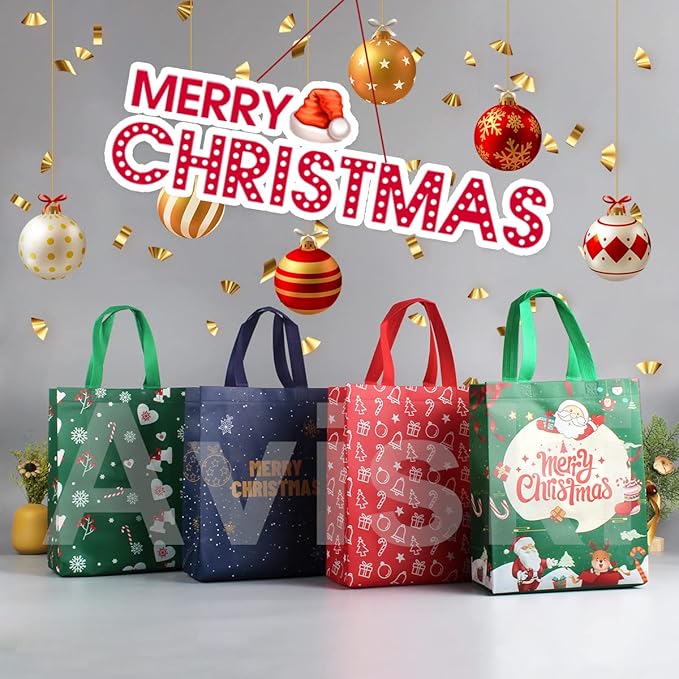 8PCS Christmas Tote Treat Non-Woven Gift Bags with Handles for Gifts Wrapping Shopping, Xmas Party Supplies, 12.2×9.8×4.53inch