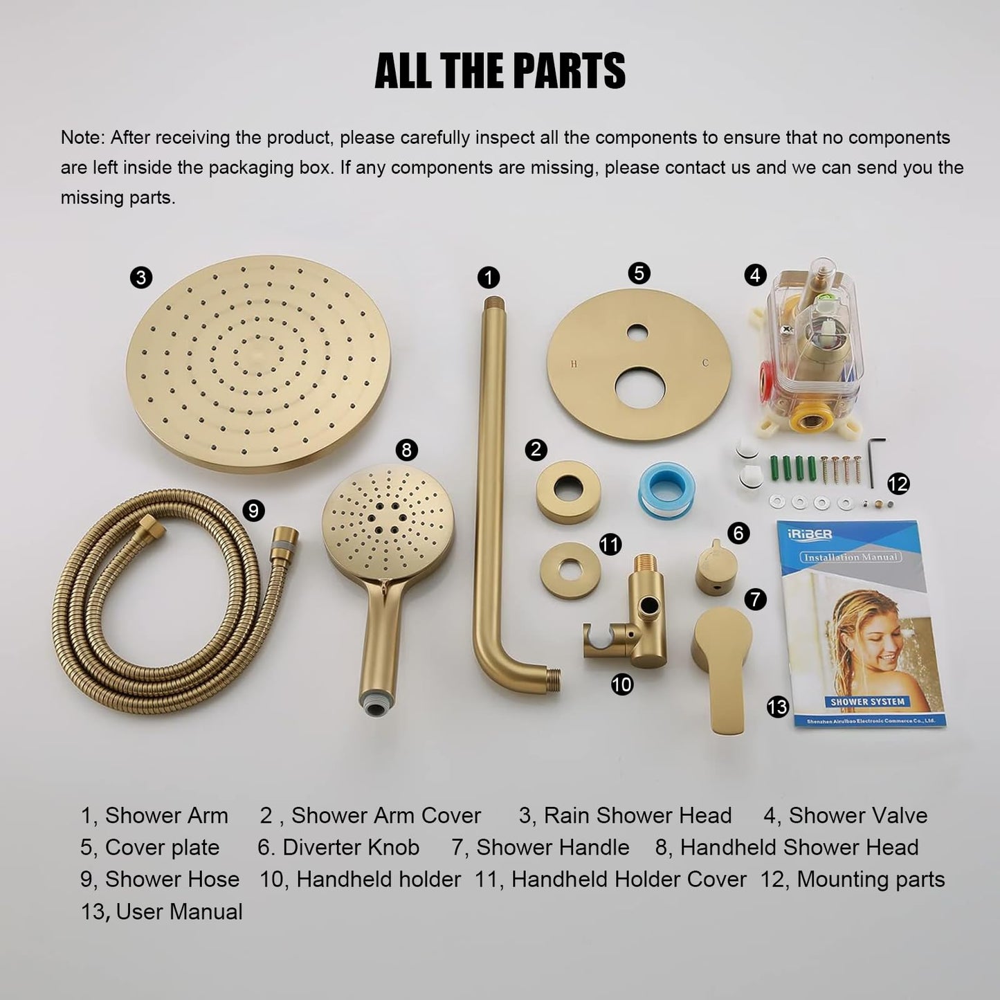 Iriber Shower System Wall Mounted Shower Faucet Mixer Set with Luxury High Pressure Shower head and 3-Setting Handheld, Bathroom Shower Trim Kit Contain Pressure Balance Valve,Brushed Gold