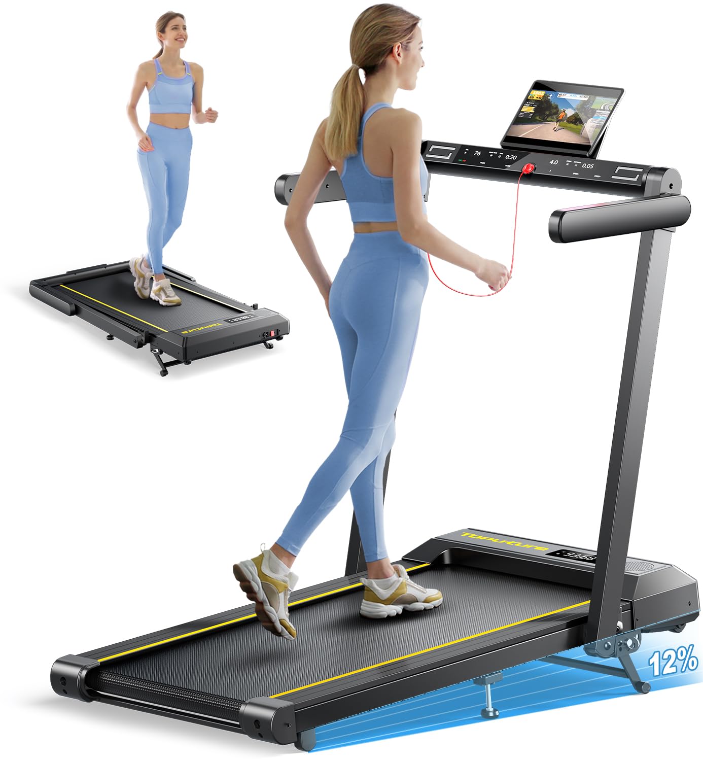 TOPUTURE Walking Pad Treadmill with 12% Incline & Handle Bar, Treadmills for Home with Bluetooth Speaker, Under Desk Treadmill Folding Walking Pad with APP & Remote Control